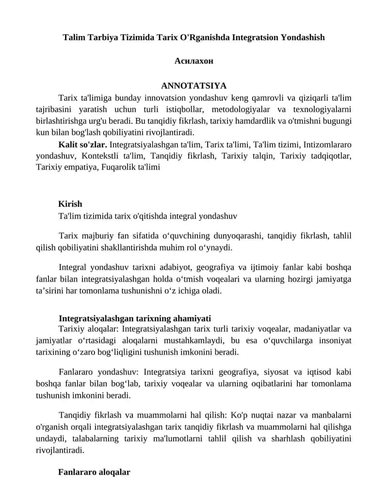 Talim Tarbiya Tizimida Tarix O'Rganishda Integratsion Yondashish