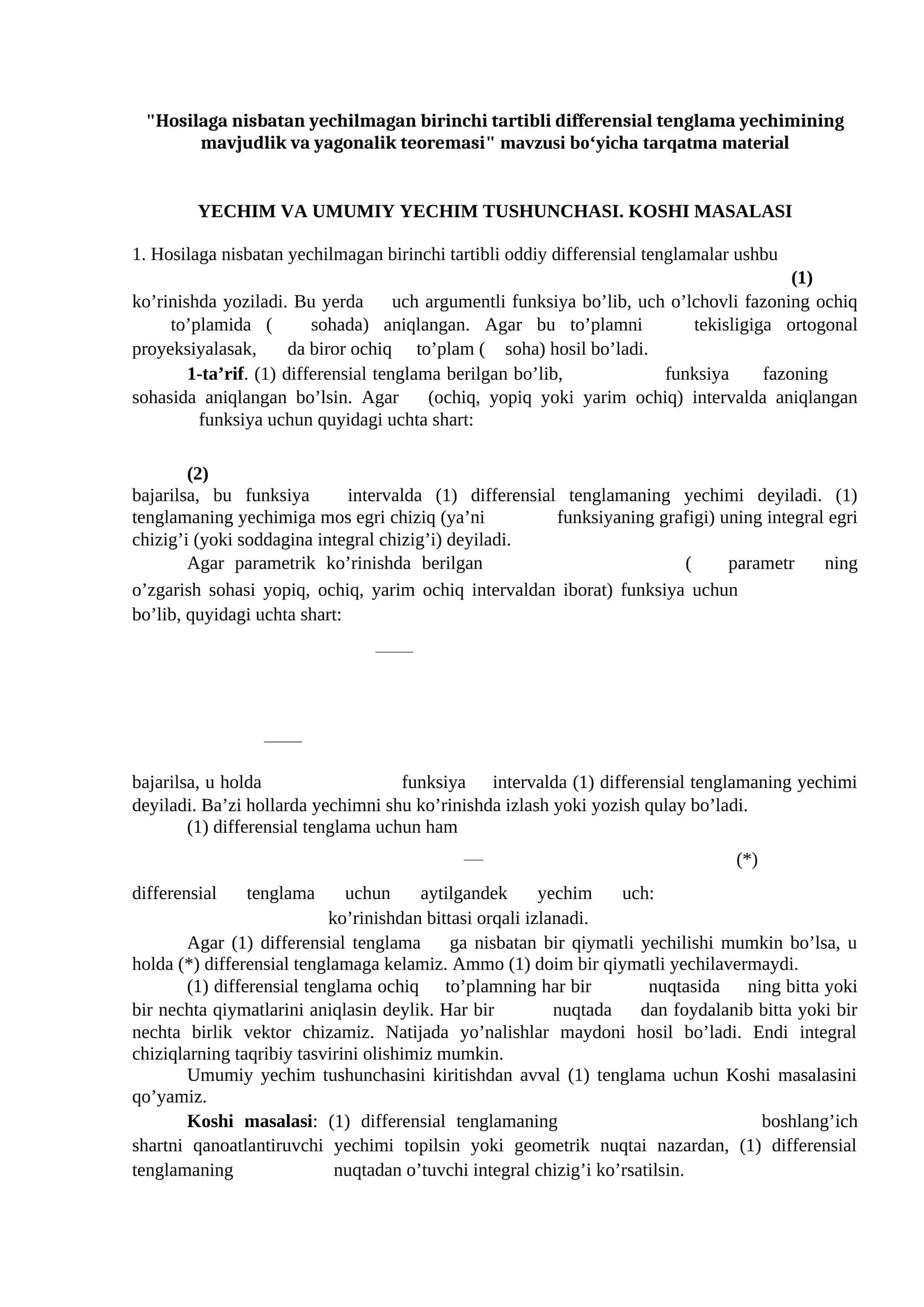 Hosilaga nisbatan yechilmagan birinchi tartibli differensial tenglama yechimining mavjudlik va yagonalik teoremasi