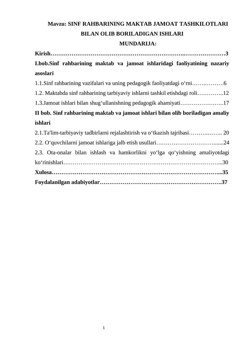 SINF RAHBARINING MAKTAB JAMOAT TASHKILOTLARI BILAN OLIB BORILADIGAN ISHLARI