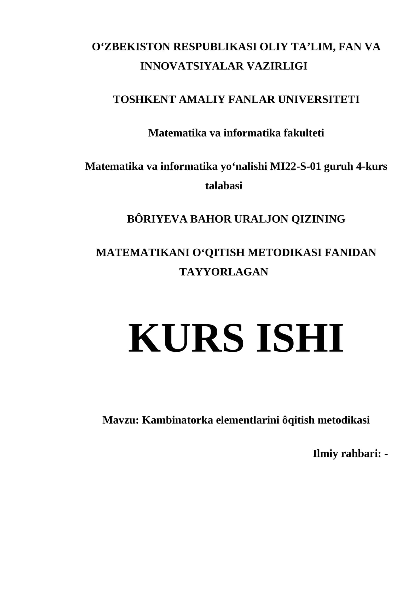 KAMBINATORKA ELEMENTLARINI ÔQITISH METODIKASI