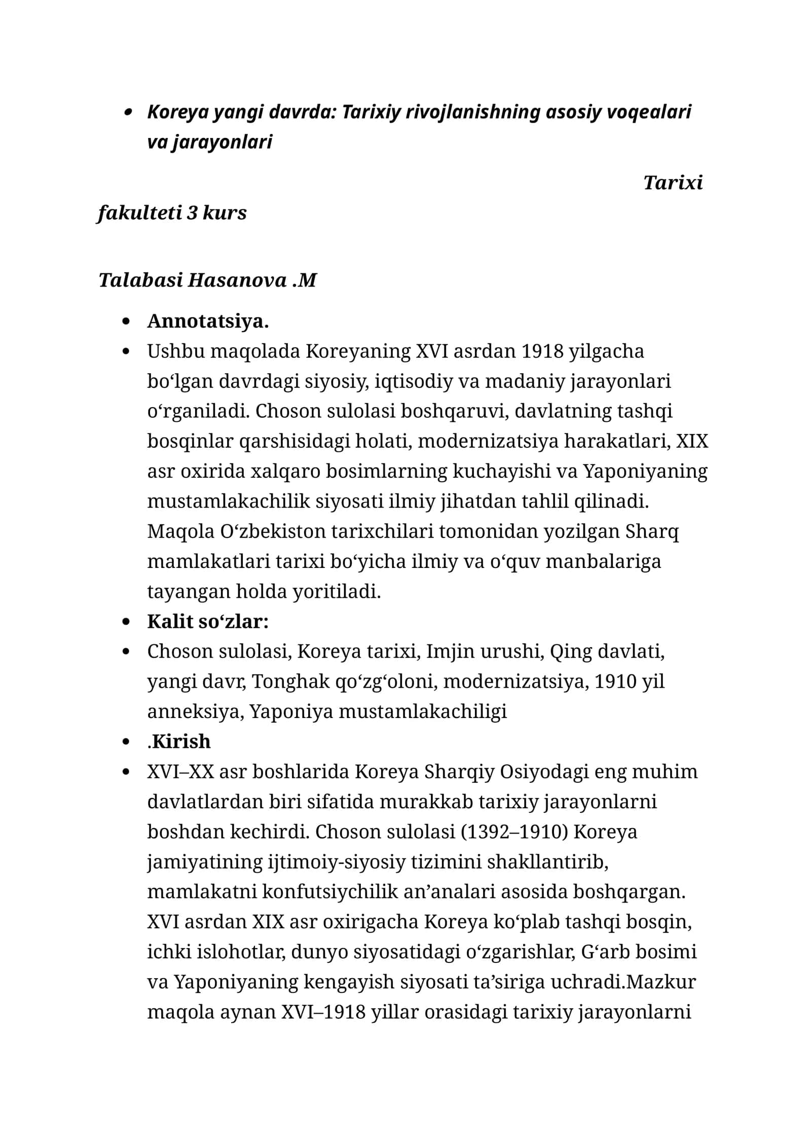 Koreya yangi davrda: Tarixiy rivojlanishning asosiy voqealari va jarayonlari