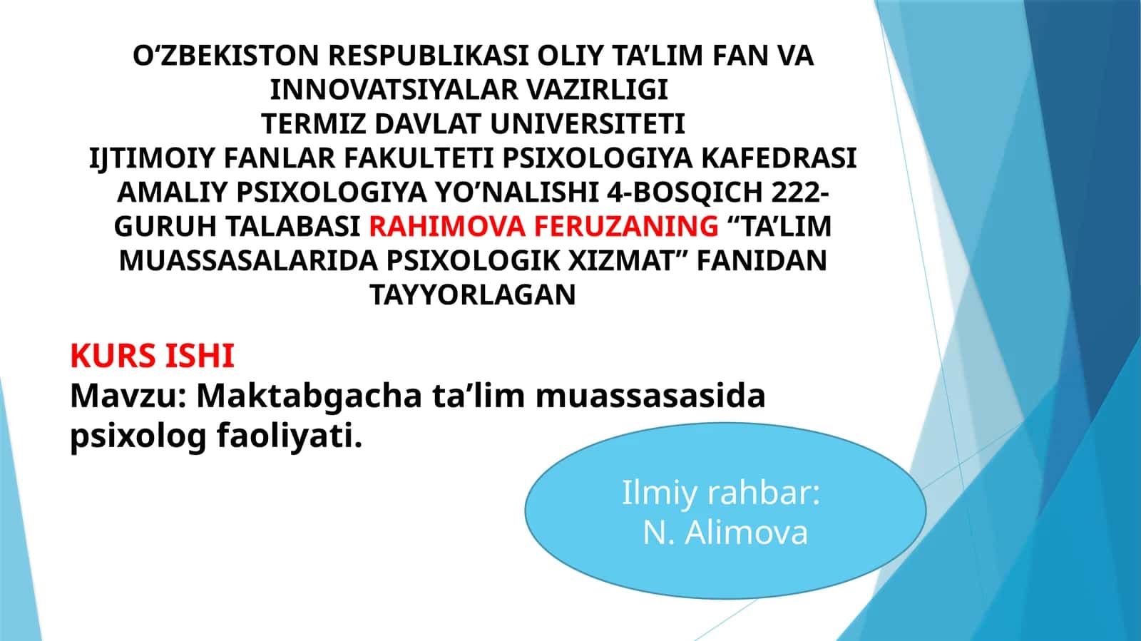Maktabgacha ta’lim muassasasida psixolog faoliyati