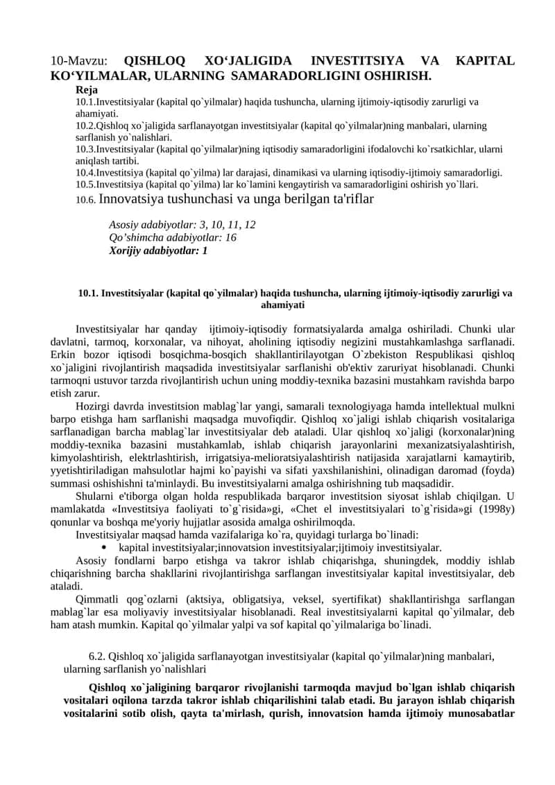 Qishloq xo‘jaligida investitsiya va kapital