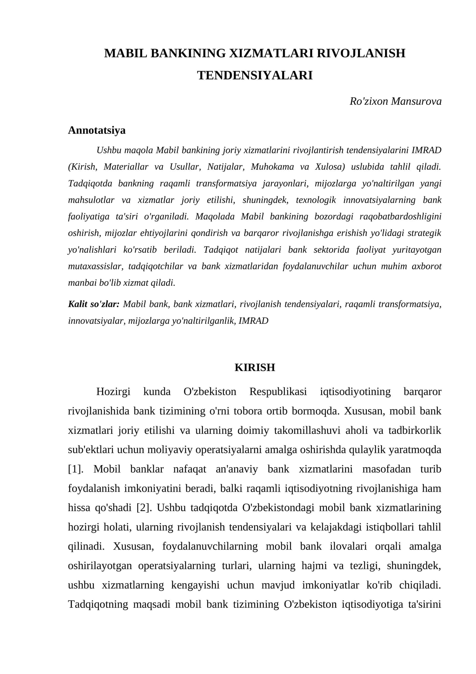 MABIL BANKINING XIZMATLARI RIVOJLANISH TENDENSIYALARI