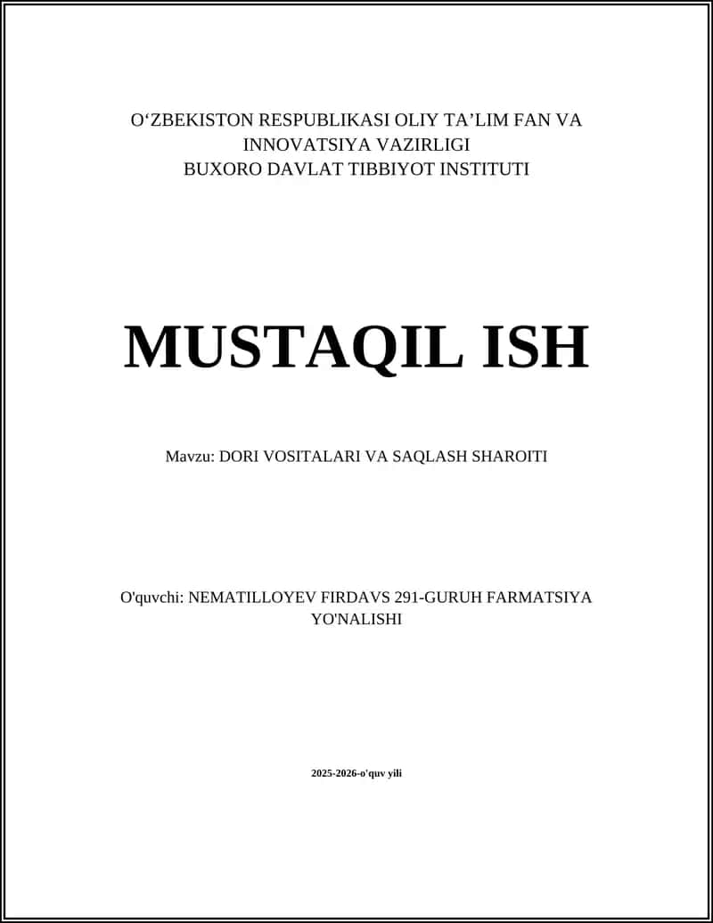 DORI VOSITALARI VA SAQLASH SHAROITI