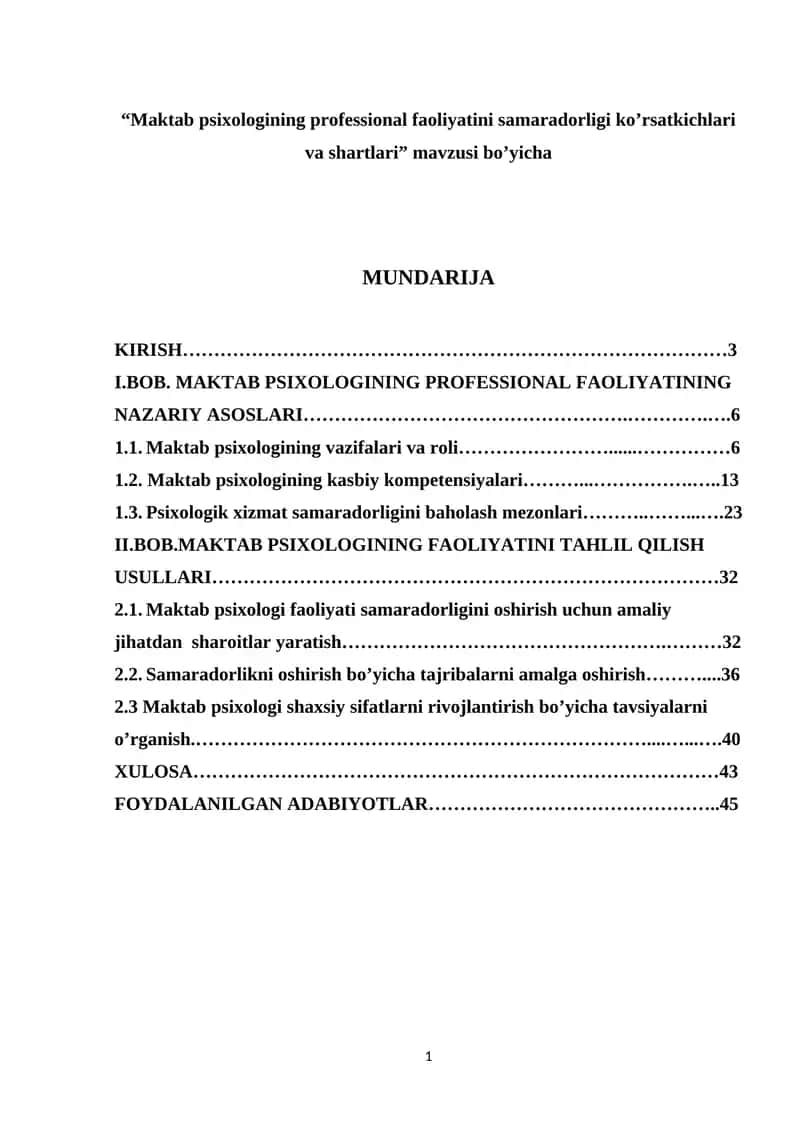 Maktab psixologining professional faoliyatini samaradorligi ko’rsatkichlari va shartlari