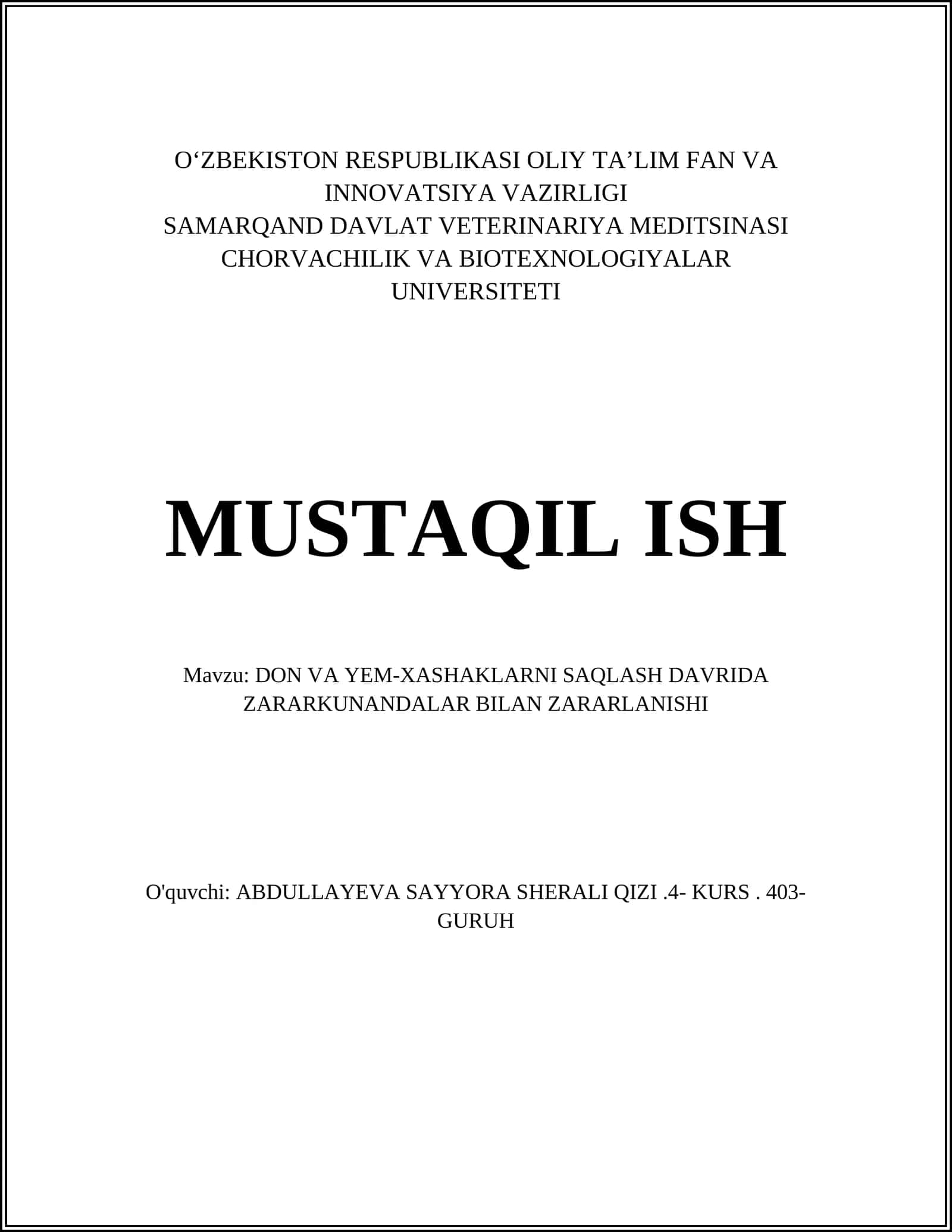 DON VA YEM-XASHAKLARNI SAQLASH DAVRIDA ZARARKUNANDALAR BILAN ZARARLANISHI