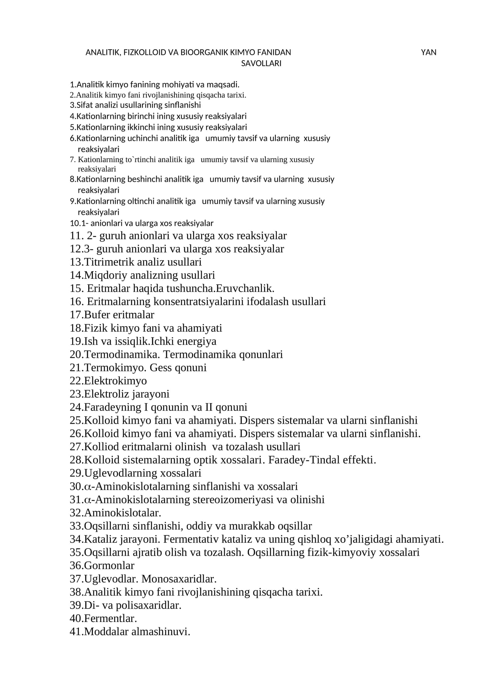 ANALITIK, FIZKOLLOID VA BIOORGANIK KIMYO FANIDAN YAN SAVOLLARI