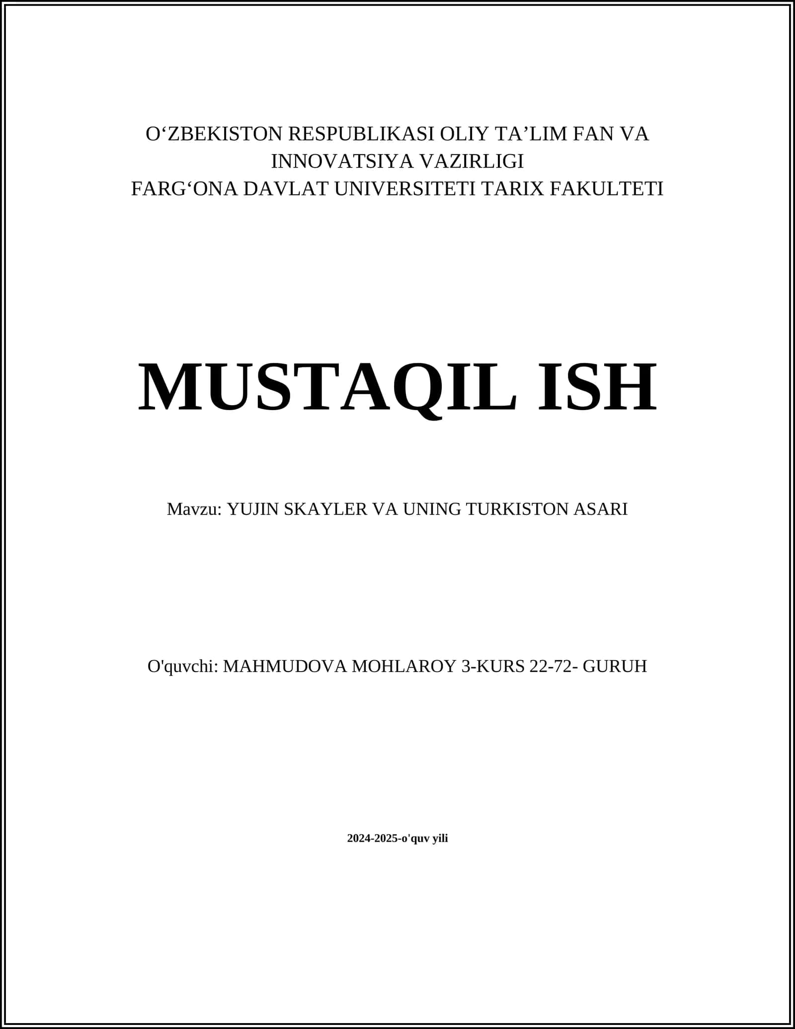 YUJIN SKAYLER VA UNING TURKISTON ASARI