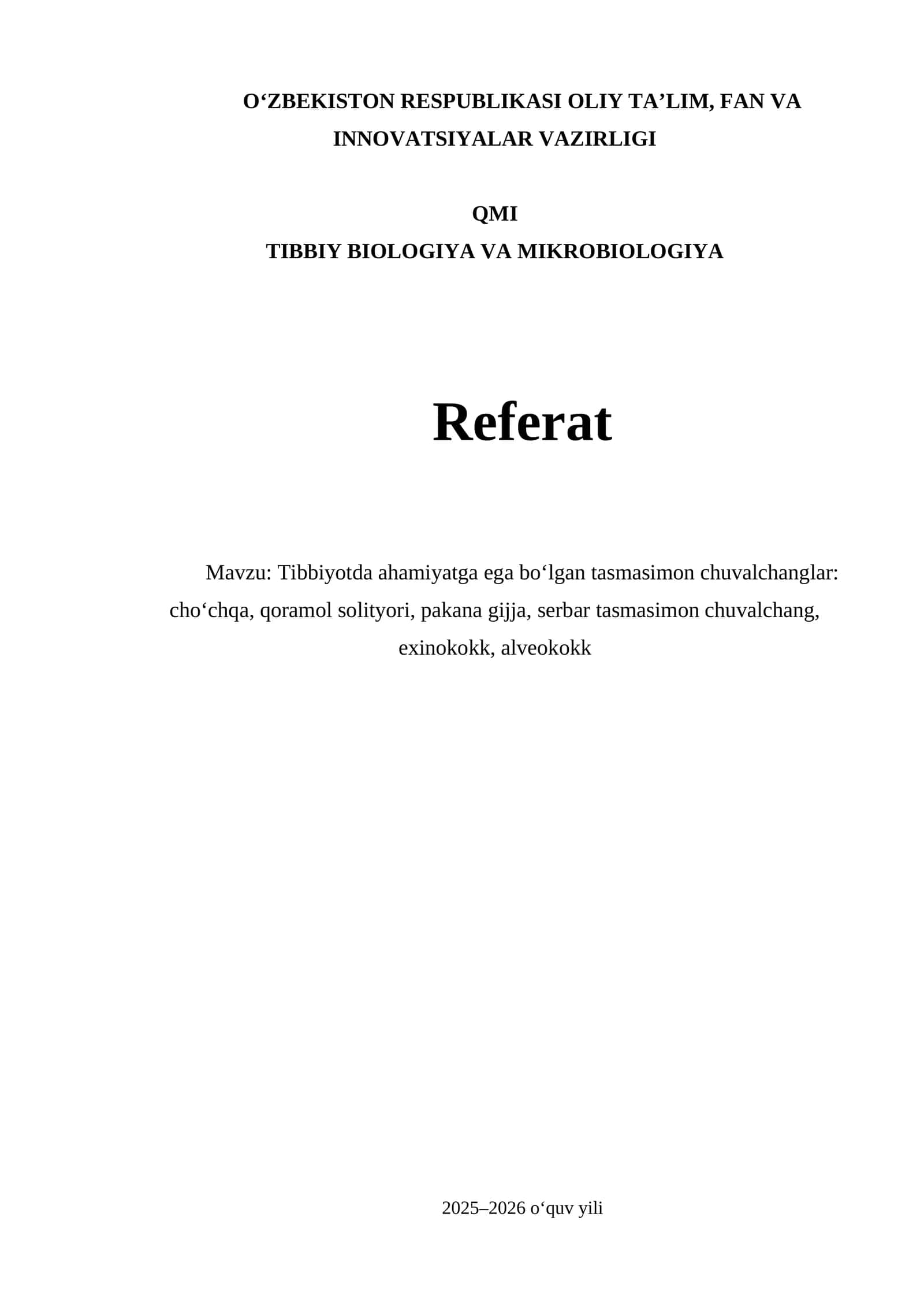 Tibbiy Biologiya va Mikrobiologiya Referat