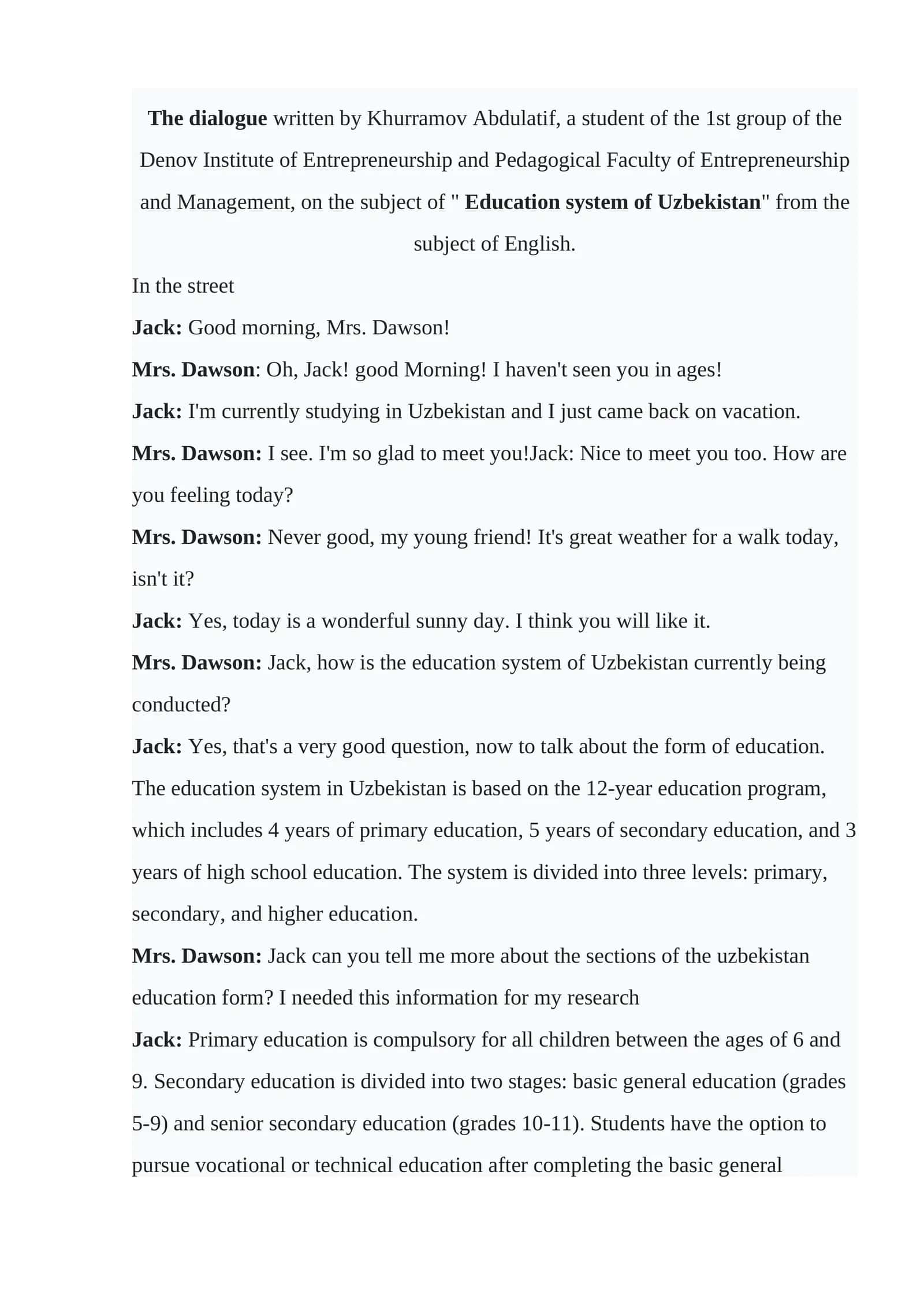 The dialogue Education system of Uzbekistan