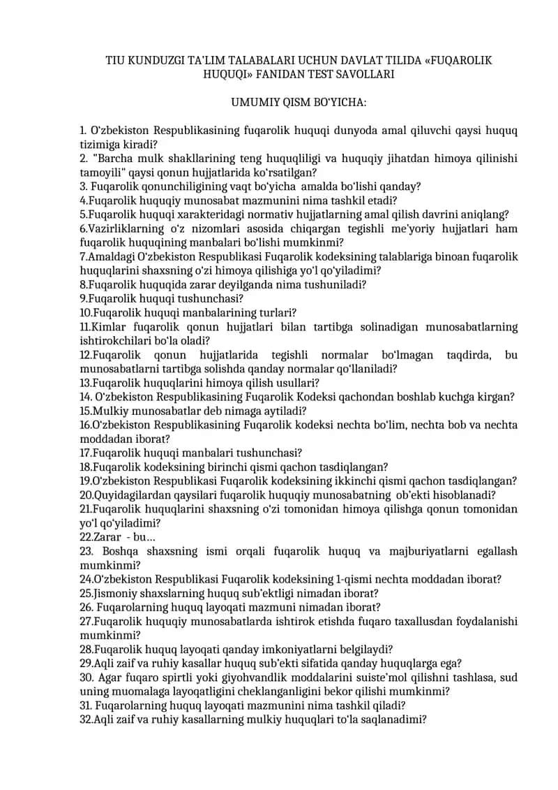 FUQAROLIK HUQUQI FANIDAN TEST SAVOLLARI