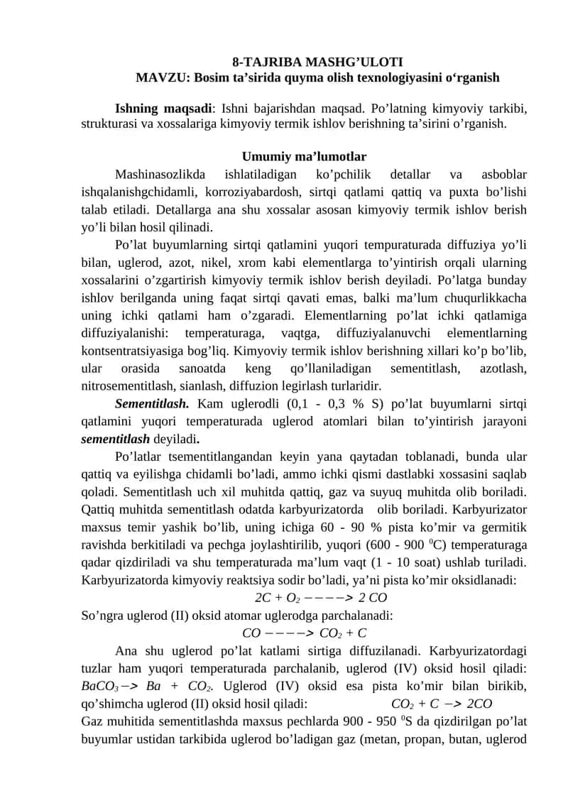 Bosim ta’sirida quyma olish texnologiyasini o‘rganish