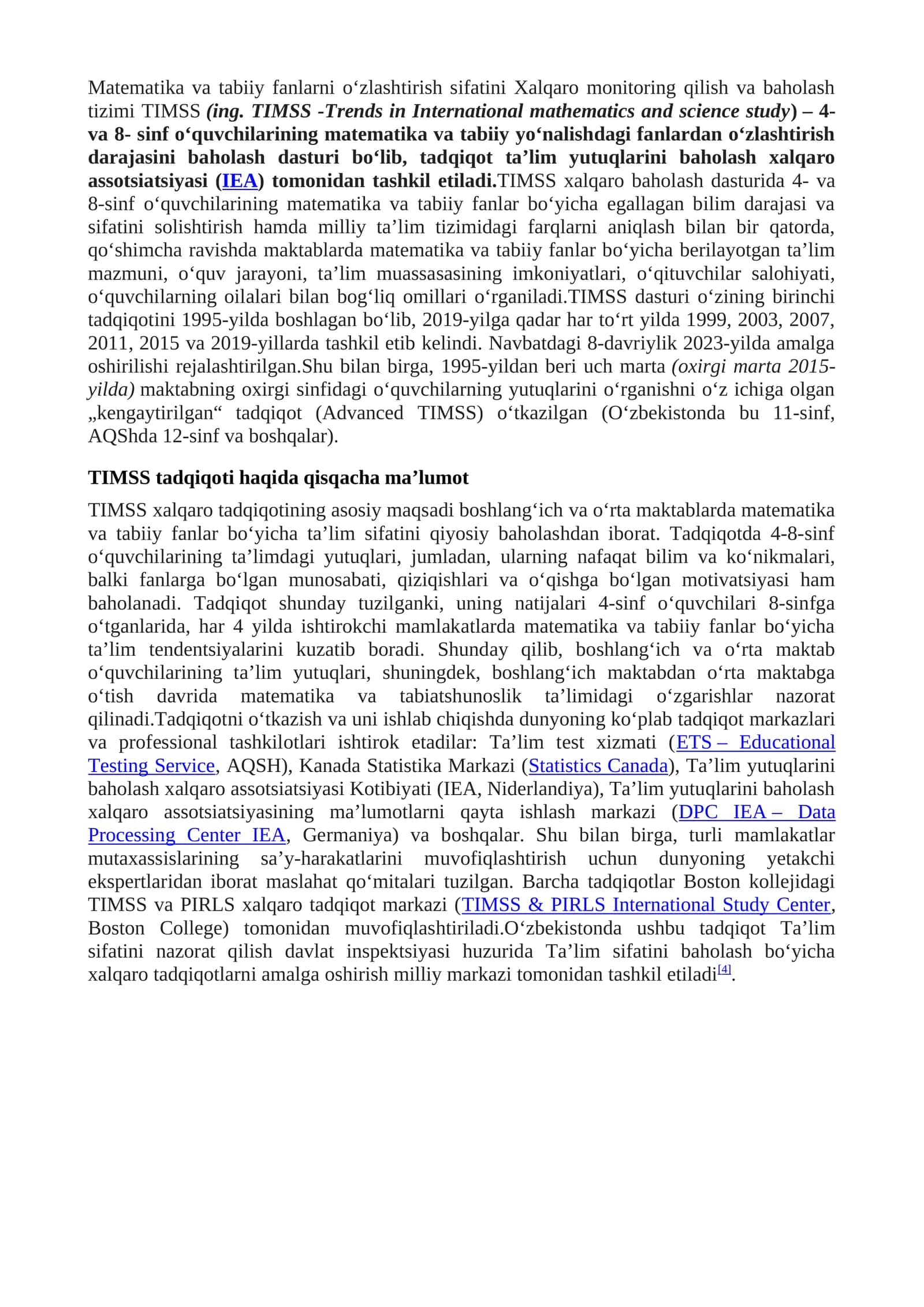 TIMSS (Trends in International Mathematics and Science Study)