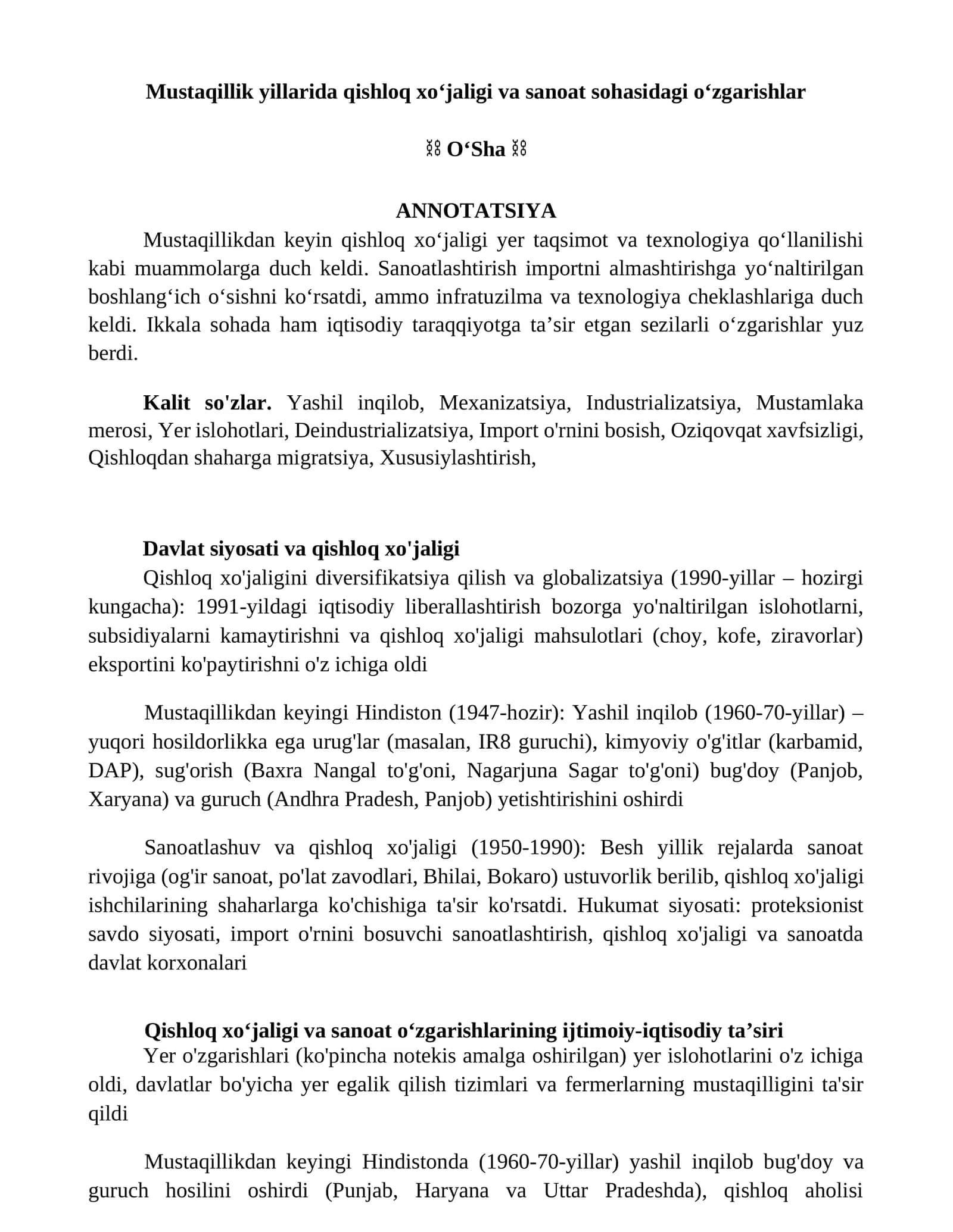 Oʻzgarishlar Mustaqillik yillarida qishloq xoʻjaligi va sanoat sohasidagi