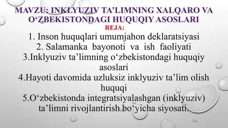 Inklyuziv ta’limning xalqaro va O‘zbekistondagi huquqiy asoslari