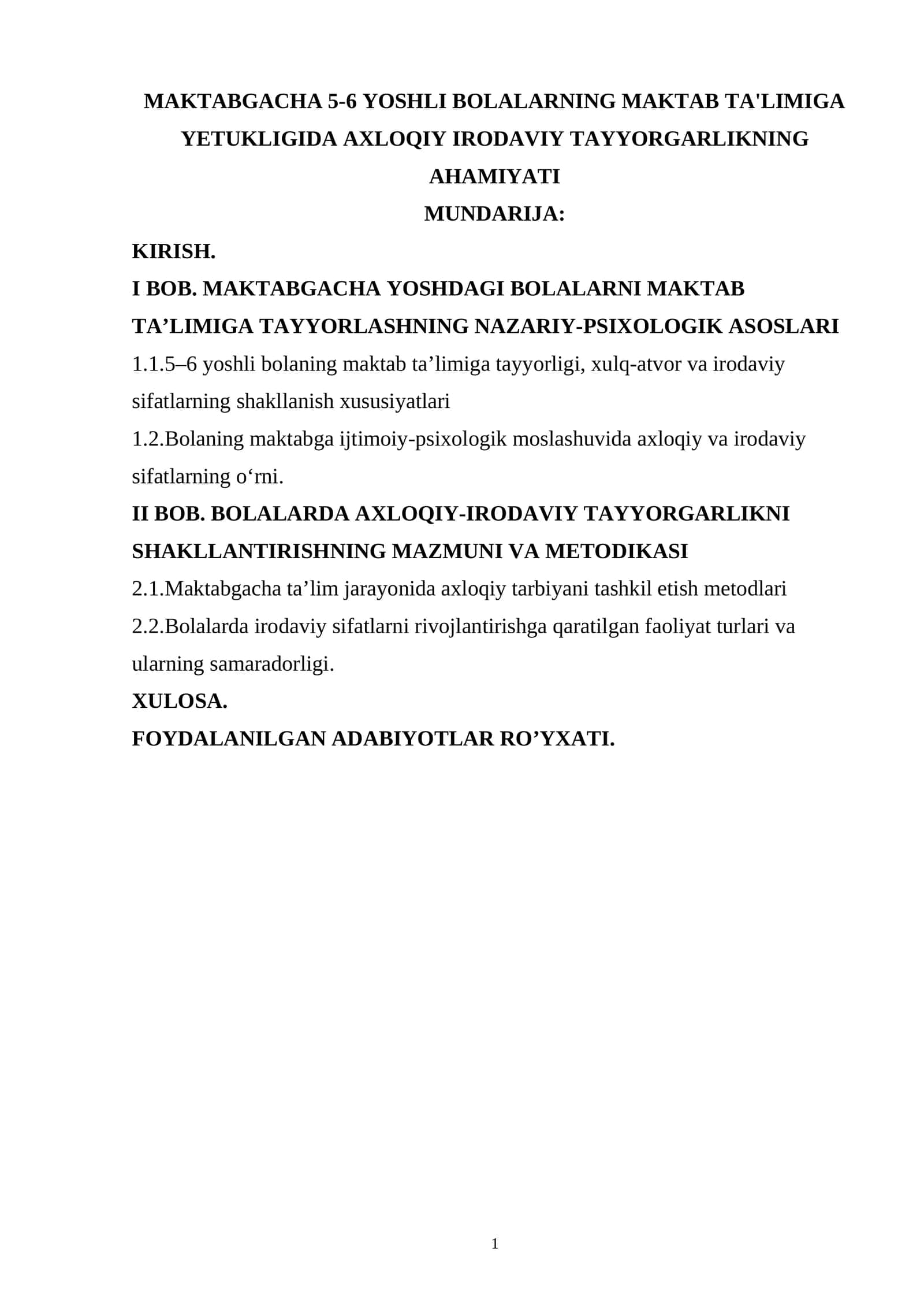 Maktabgacha 5-6 yoshli bolalarning maktab ta'limiga yetukligida axloqiy irodaviy tayyorgarlikning ahamiyati