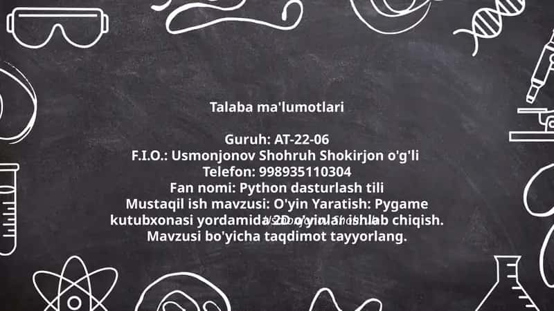 O'yin Yaratish: Pygame kutubxonasi yordamida 2D o'yinlar ishlab chiqish