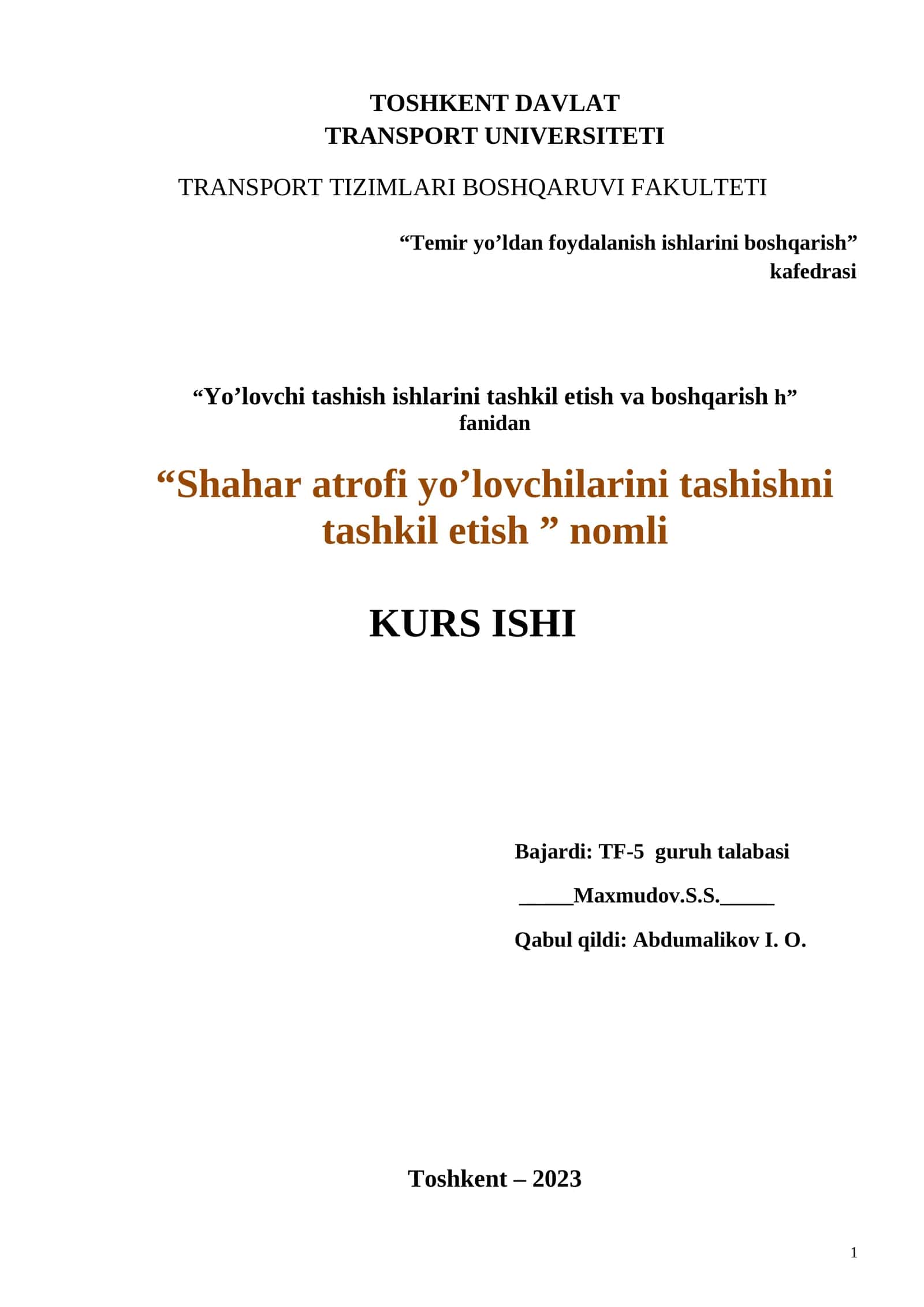 “temir yo’ldan foydalanish ishlarini boshqarish” KURS ISHI