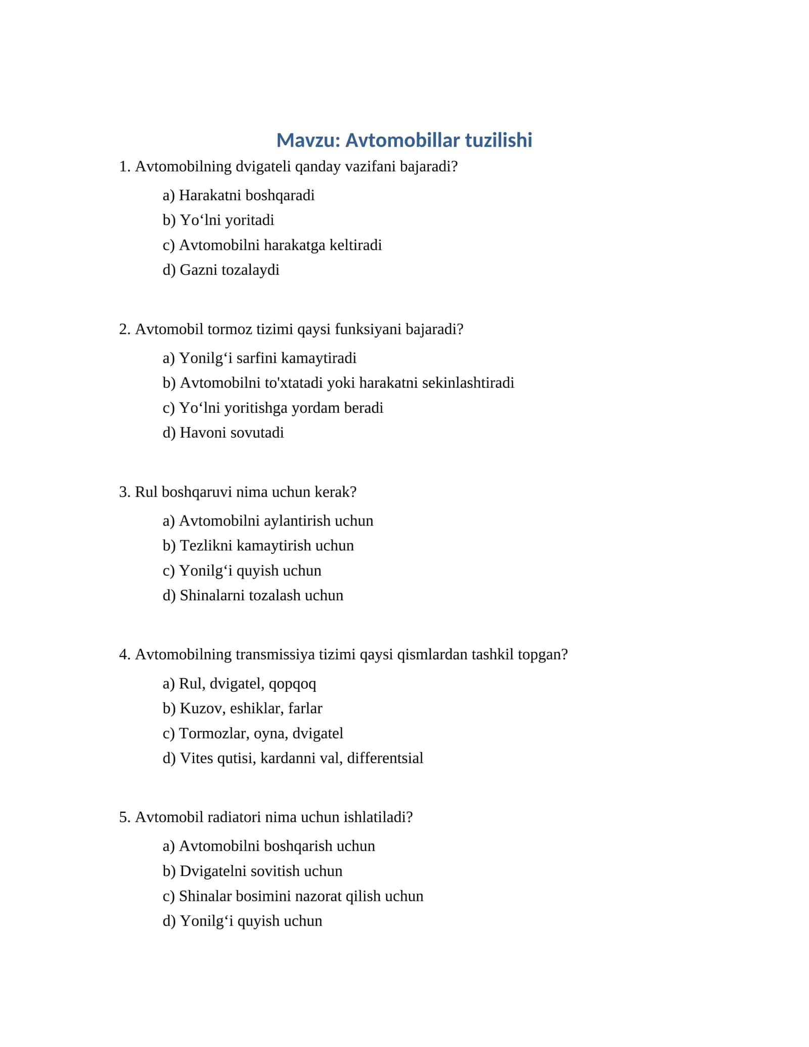 Avtomobillar tuzilishi
