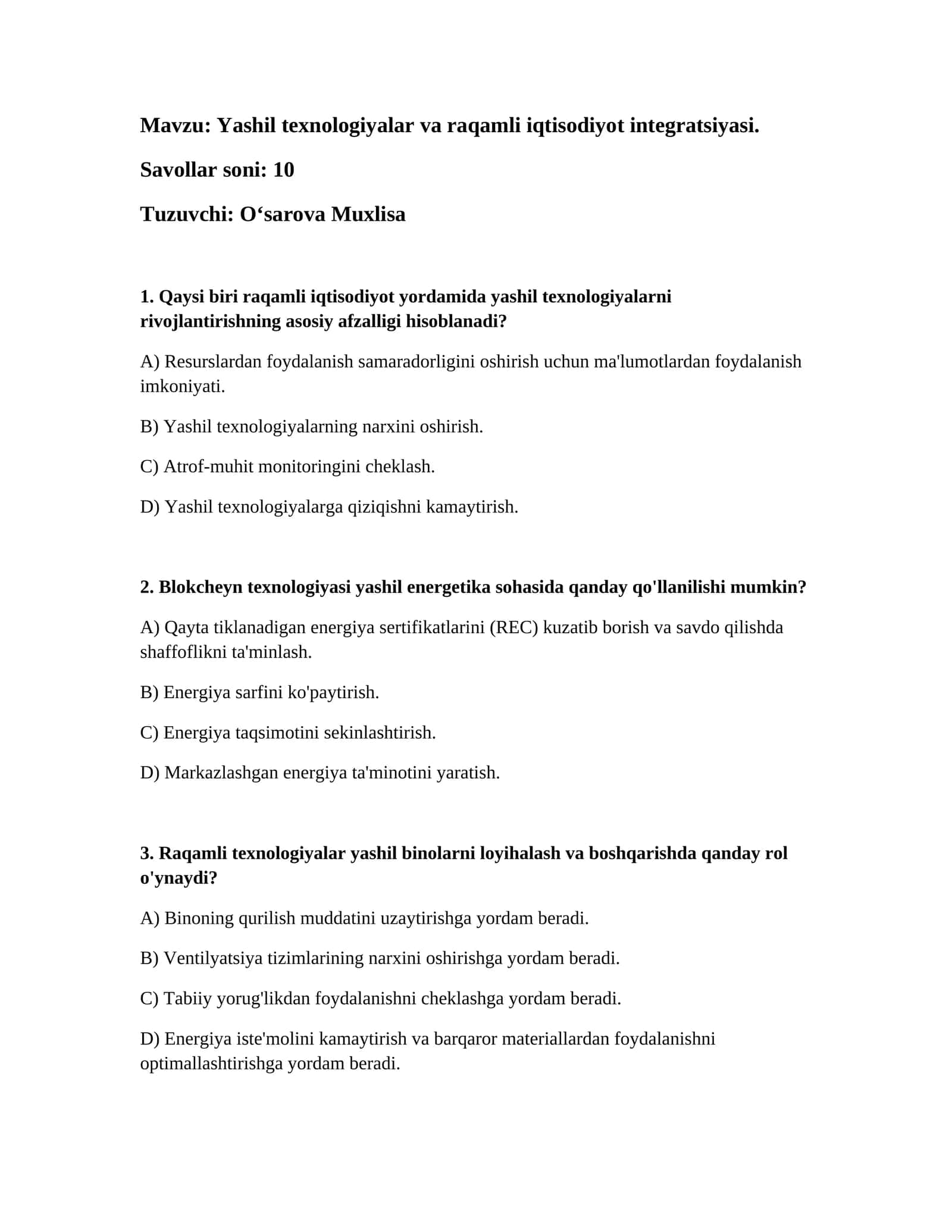 Yashil texnologiyalar va raqamli iqtisodiyot integratsiyasi