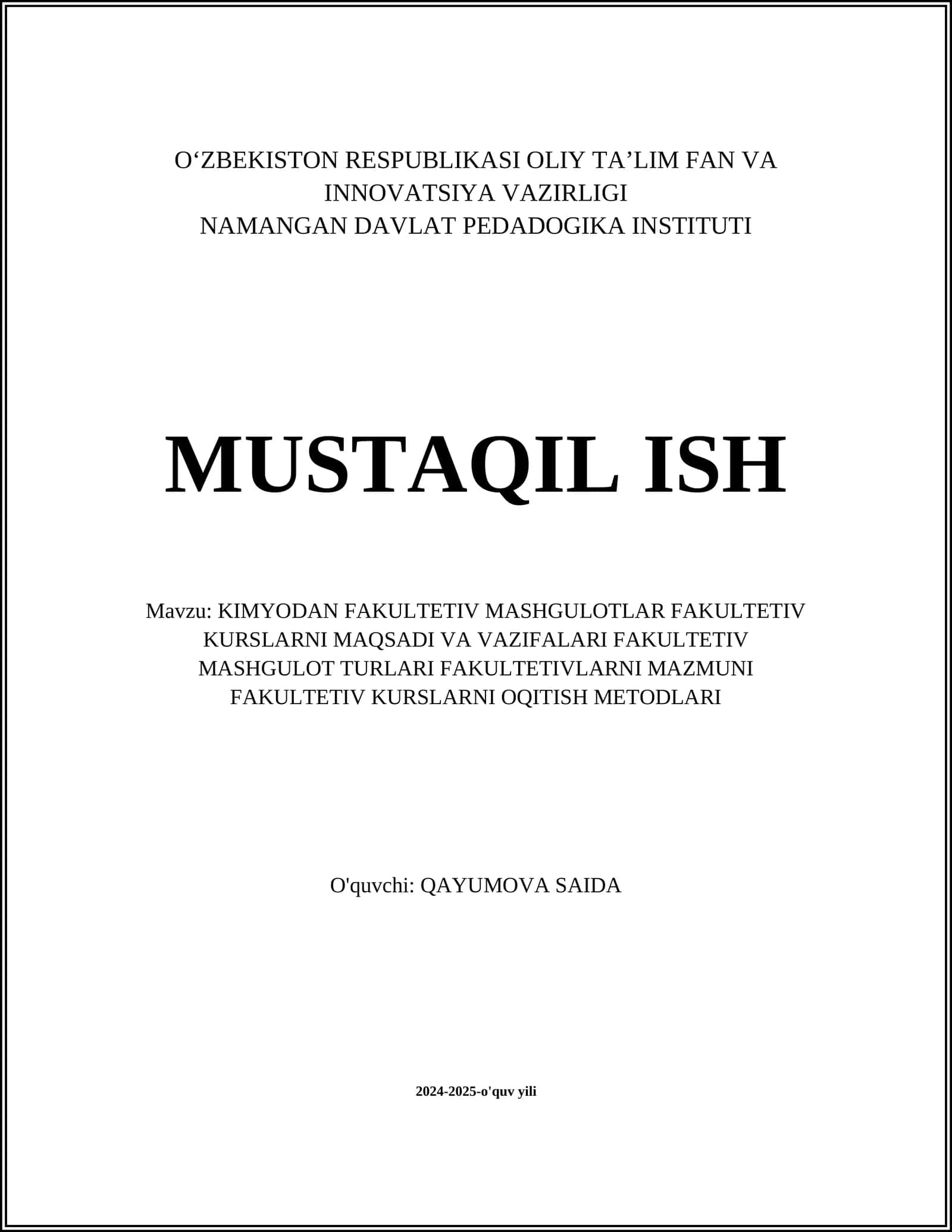 KIMYODAN FAKULTETIV MASHGULOTLAR FAKULTETIV KURSLARNI MAQSADI VA VAZIFALARI FAKULTETIV MASHGULOT TURLARI FAKULTETIVLARNI MAZMUNI FAKULTETIV KURSLARNI OQITISH METODLARI