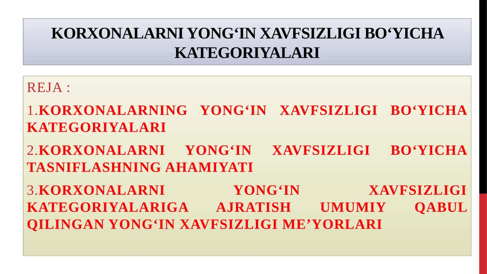 Korxonalarning yong‘in xavfsizligi bo‘yicha kategoriyalari