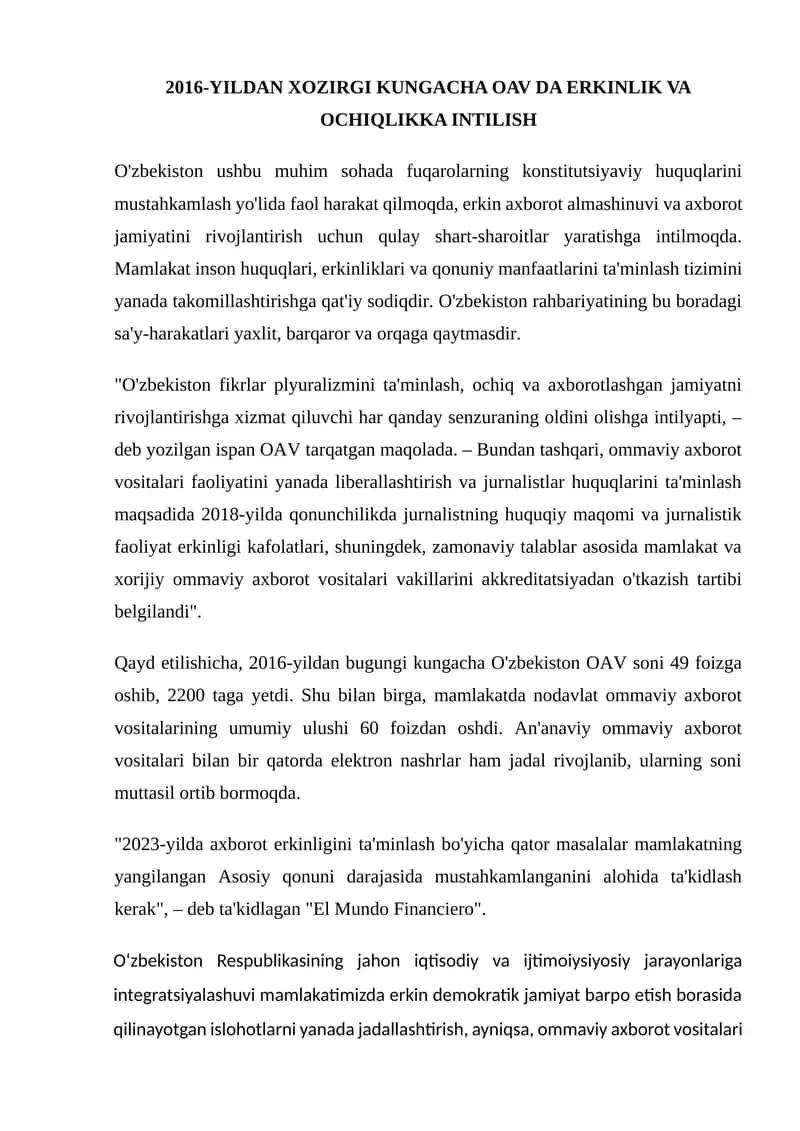 O'zbekiston fikrlar plyuralizmini ta'minlash