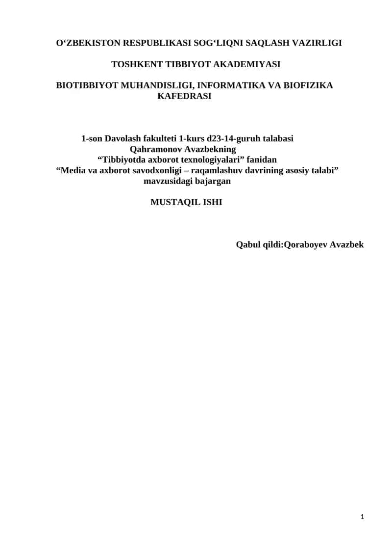 "Tibbiyotda axborot texnologiyalari"