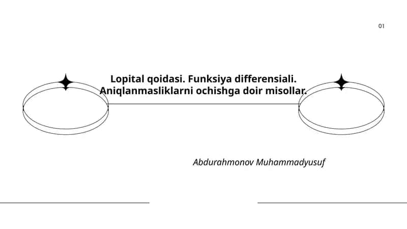 Lopital qoidasi. Funksiya differensiali. Aniqlanmasliklarni ochishga doir misollar.