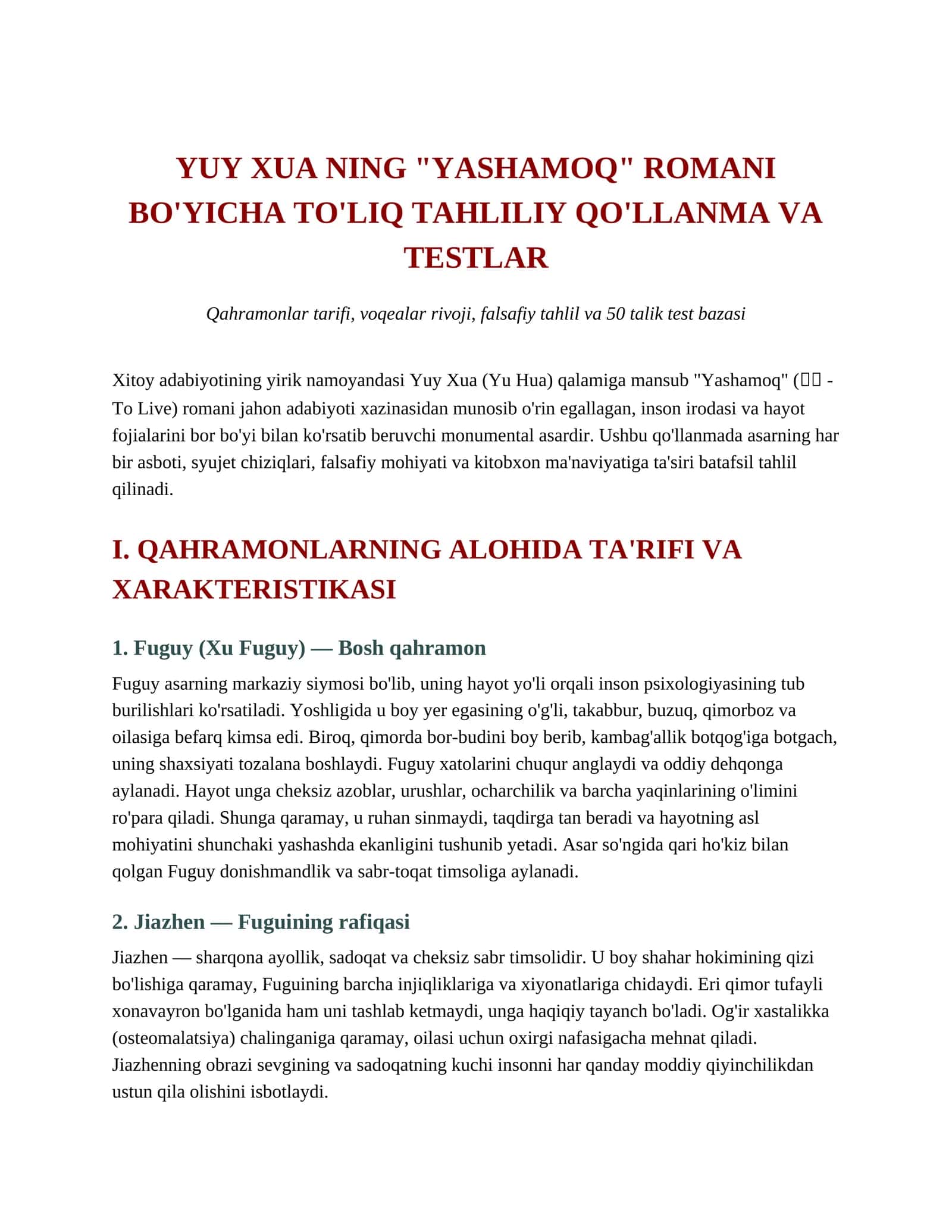"YASHAMOQ" ROMANI BO'YICHA TO'LIQ TAHLILIY QO'LLANMA VA TESTLAR