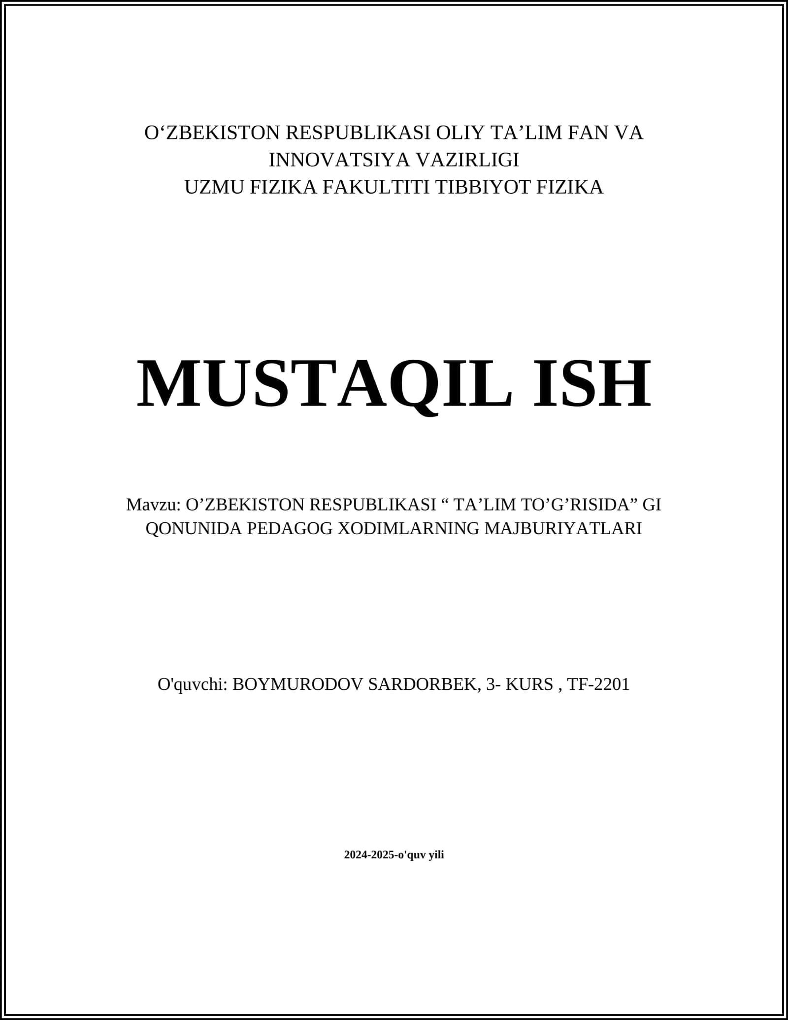 O'ZBEKISTON RESPUBLIKASI TA’LIM TO’G’RISIDA QONUN PEDAGOG XODIMLAR MAJBURIYATLARI