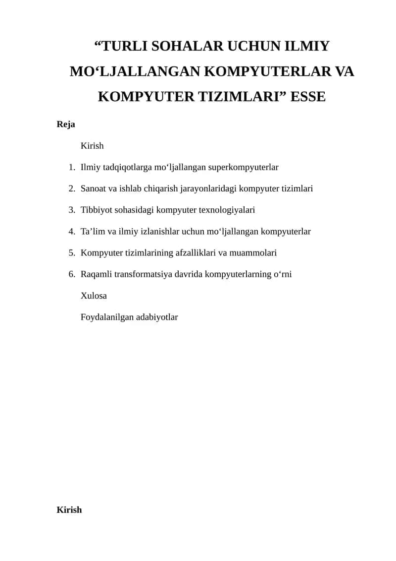 “TURLI SOHALAR UCHUN ILMIY MO‘LJALLANGAN KOMPYUTERLAR VA KOMPYUTER TIZIMLARI” ESSE