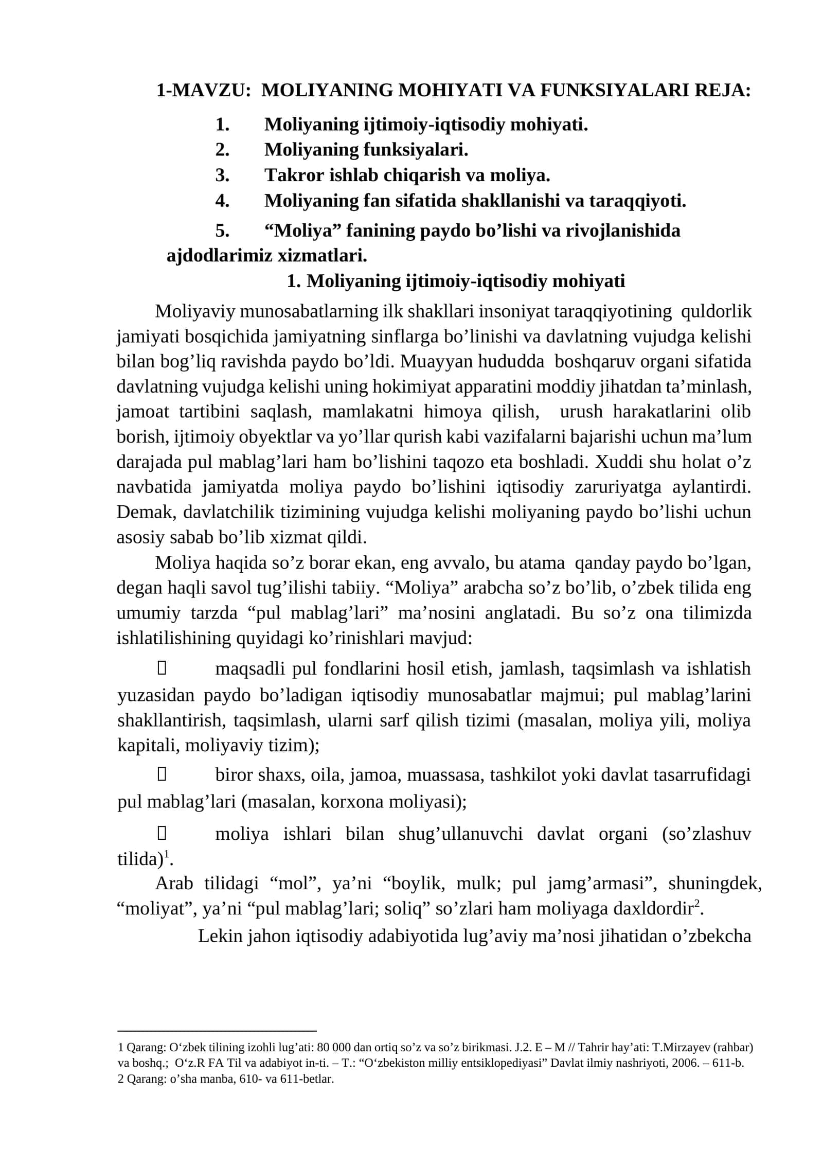 Moliyaning Mohiyati va Funksiyalari Reja