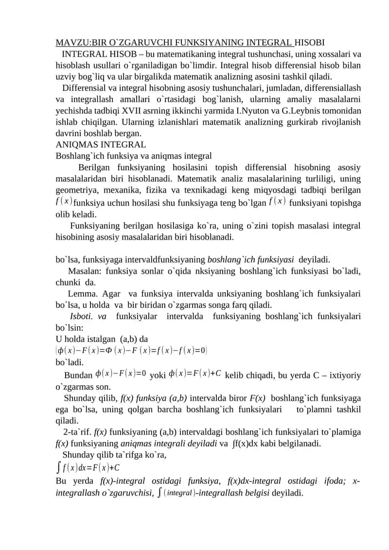 BIR O`ZGARUVCHI FUNKSIYANING INTEGRAL HISOBI
