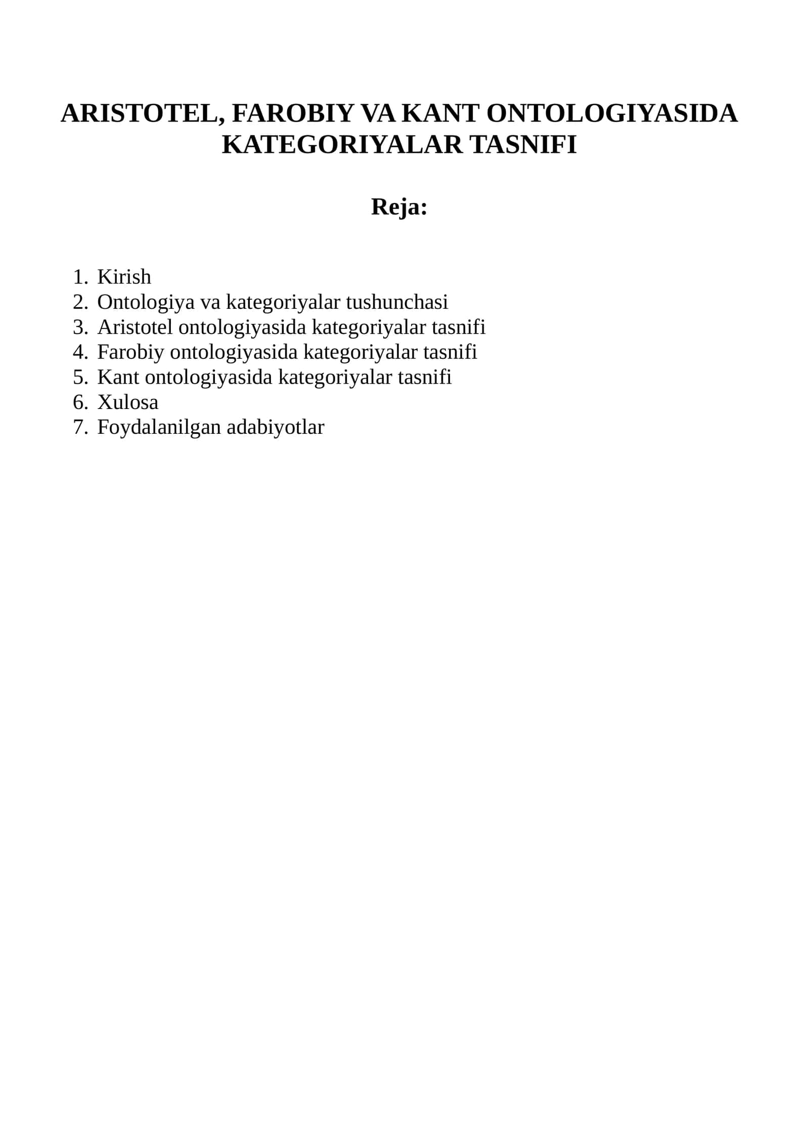 ARISTOTEL, FAROBIY VA KANT ONTOLOGIYASIDA KATEGORIYALAR TASNIFI