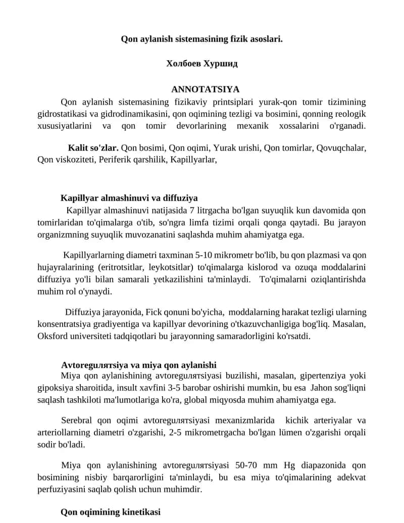 Qon aylanish sistemasining fizik asoslari