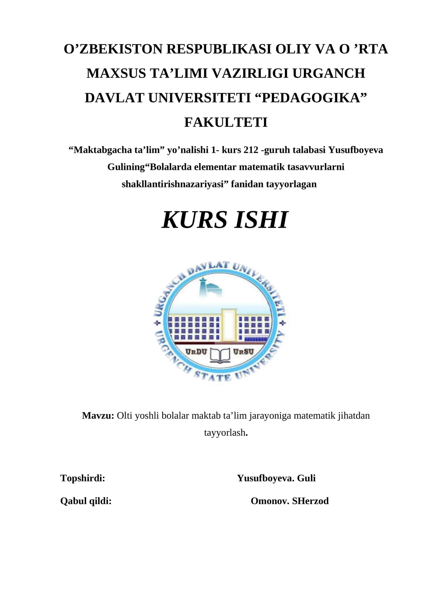 Bolalarda elementar matematik tasavvurlarni shakllantirish nazariyasi