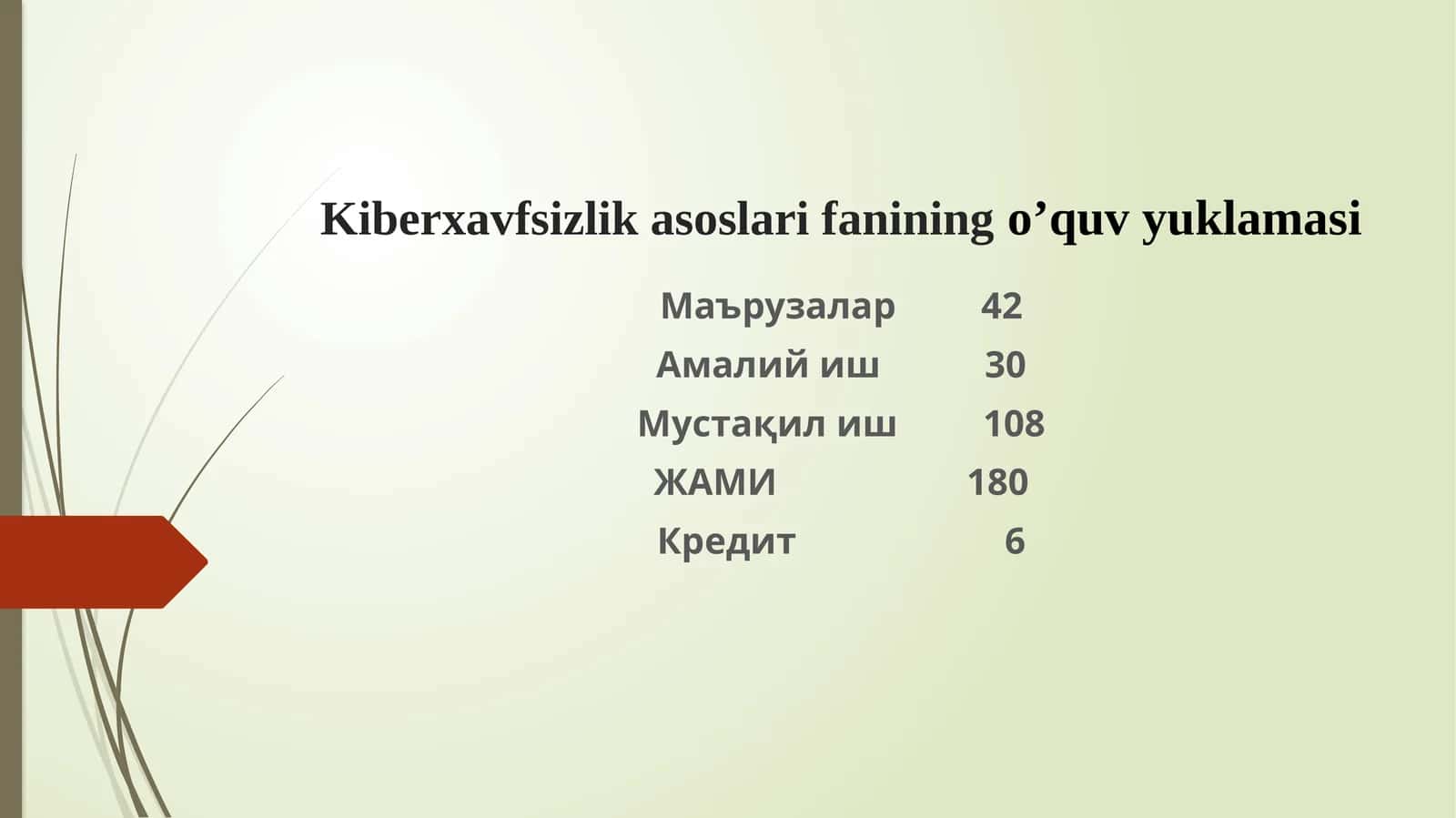 Kiberxavfsizlik asoslari fanining o’quv yuklamasi