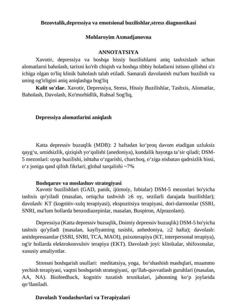 Xavotir, depressiya va emotsional buzilishlar,stress diagnostikasi