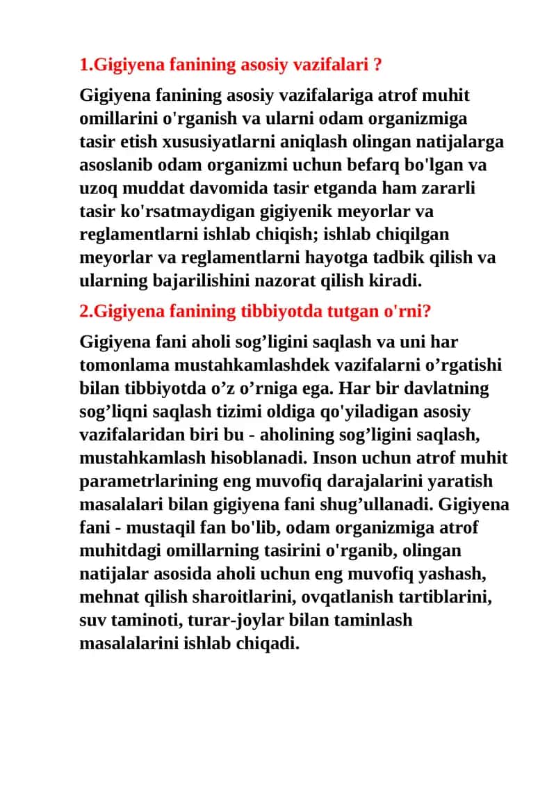 Gigiyena fanining asosiy vazifalari