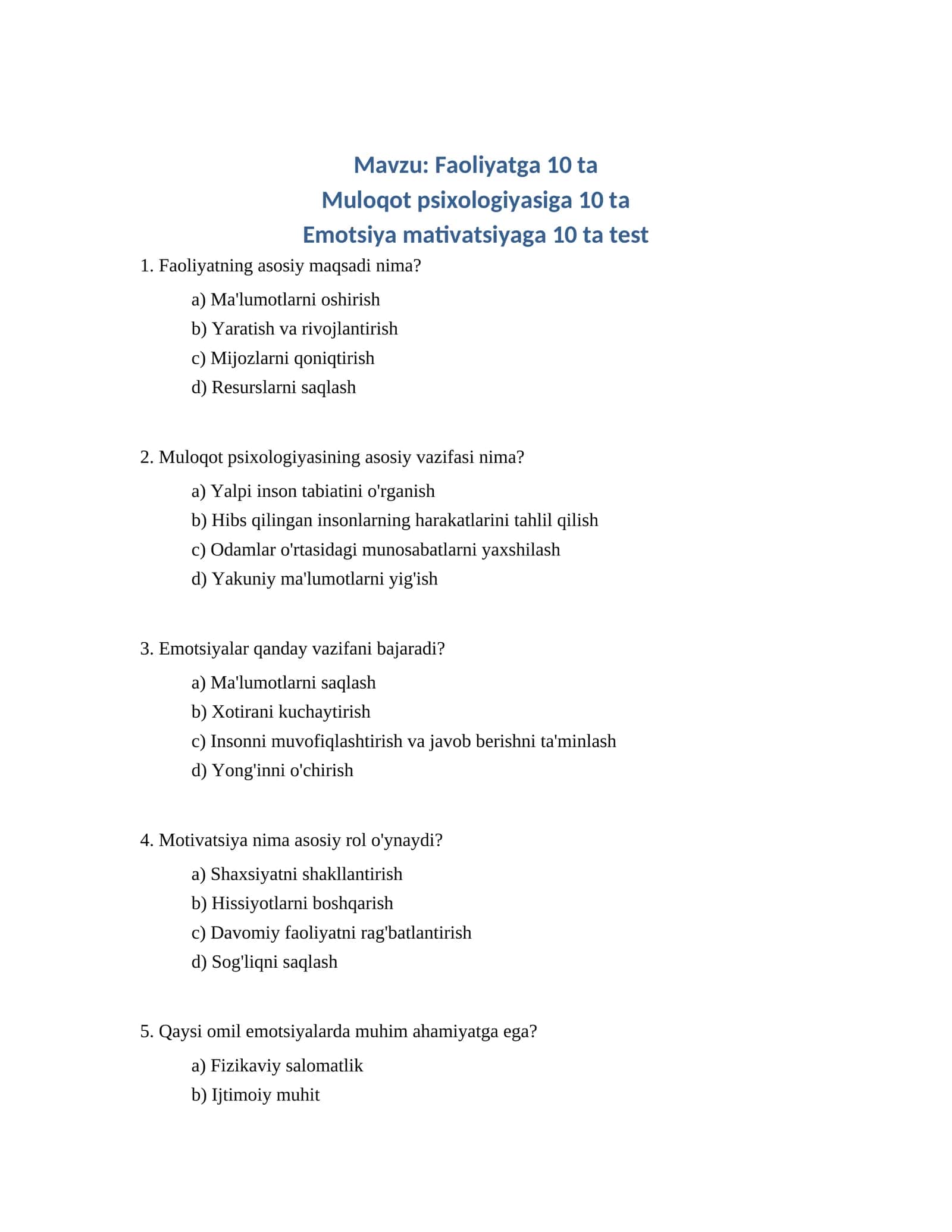 Emotsiya mativatsiyaga 10 ta test