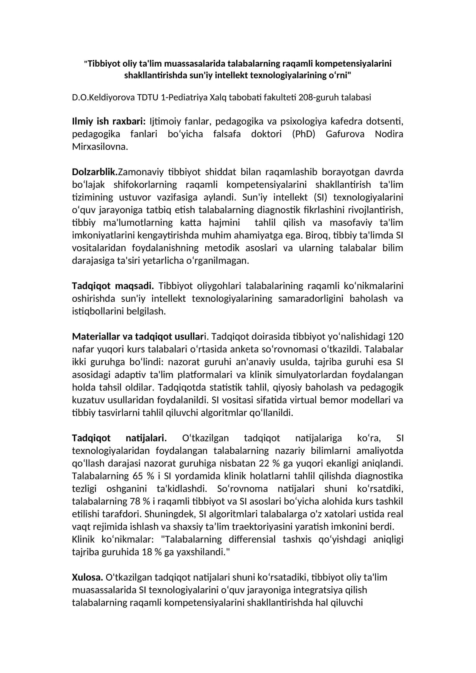 Tibbiyot oliy ta'lim muassasalarida talabalarning raqamli kompetensiyalarini shakllantirishda sun'iy intellekt texnologiyalarining oʻrni