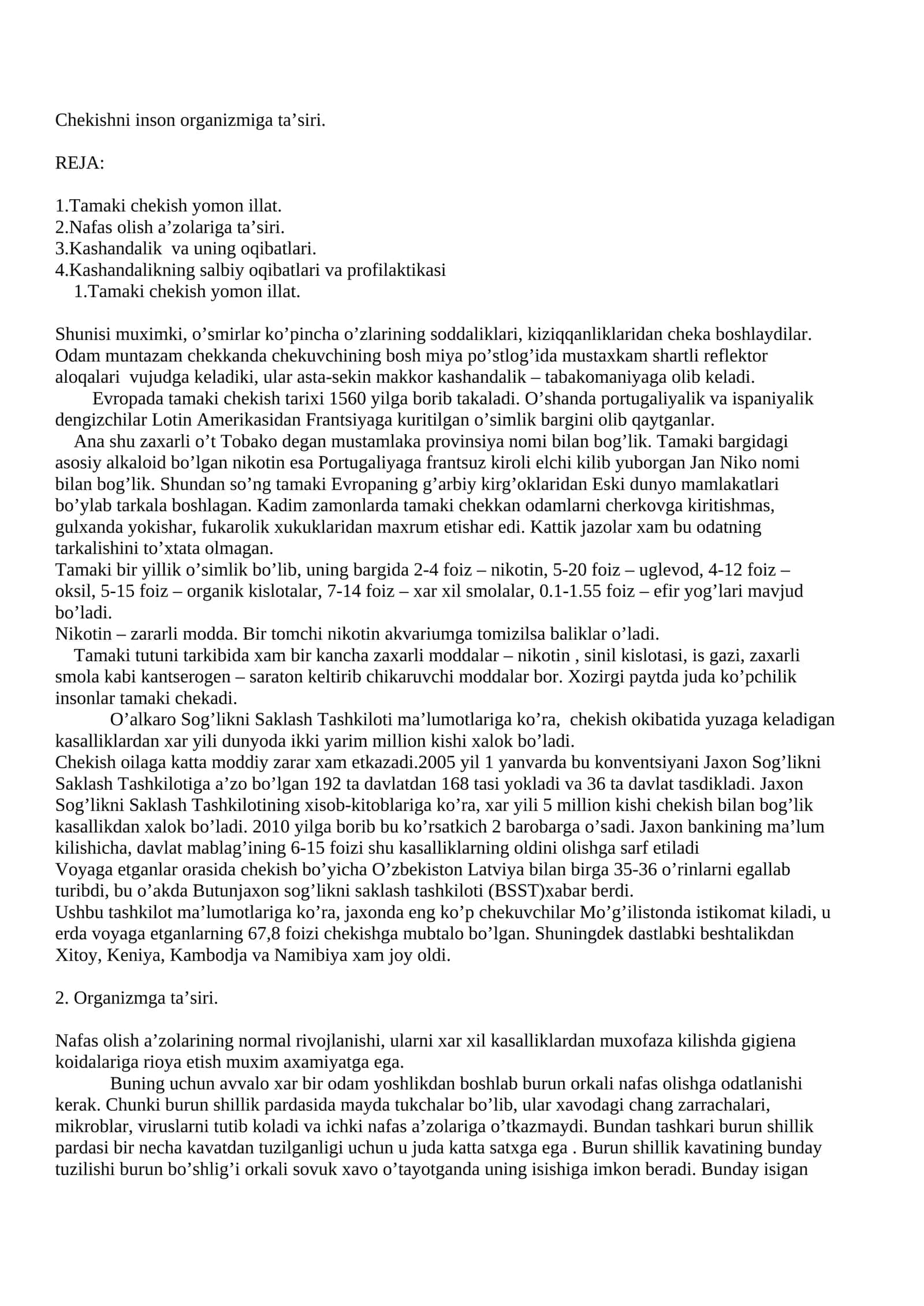 Chekishni inson organizmiga ta’siri