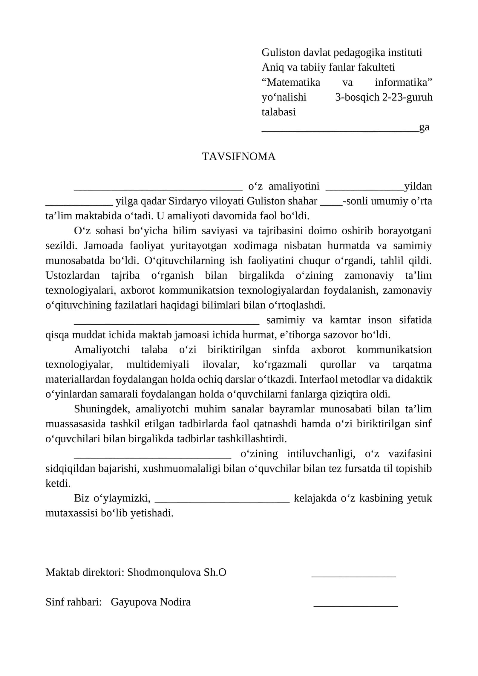 "Matematika va informatika" yo‘nalishi talabasi