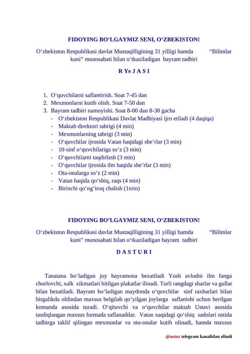 FIDOYING BO‘LGAYMIZ SENI, O‘ZBEKISTON!