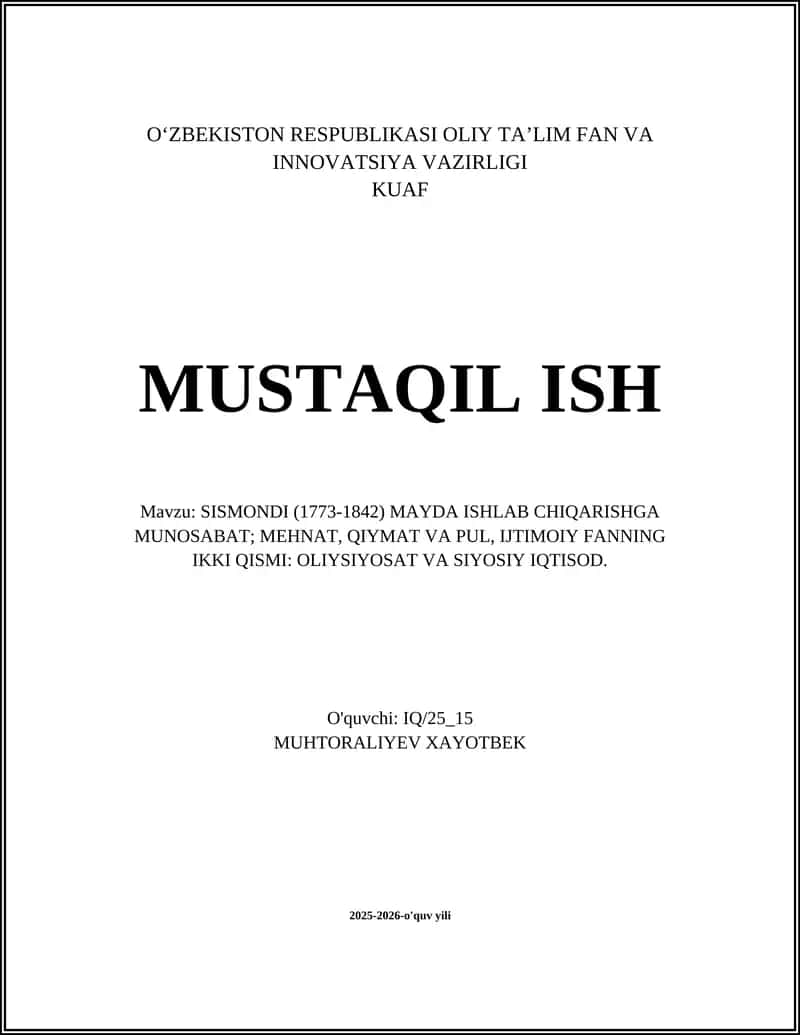 Sismondi (1773-1842) Mayda Ishlab Chiqarishga Munosabat