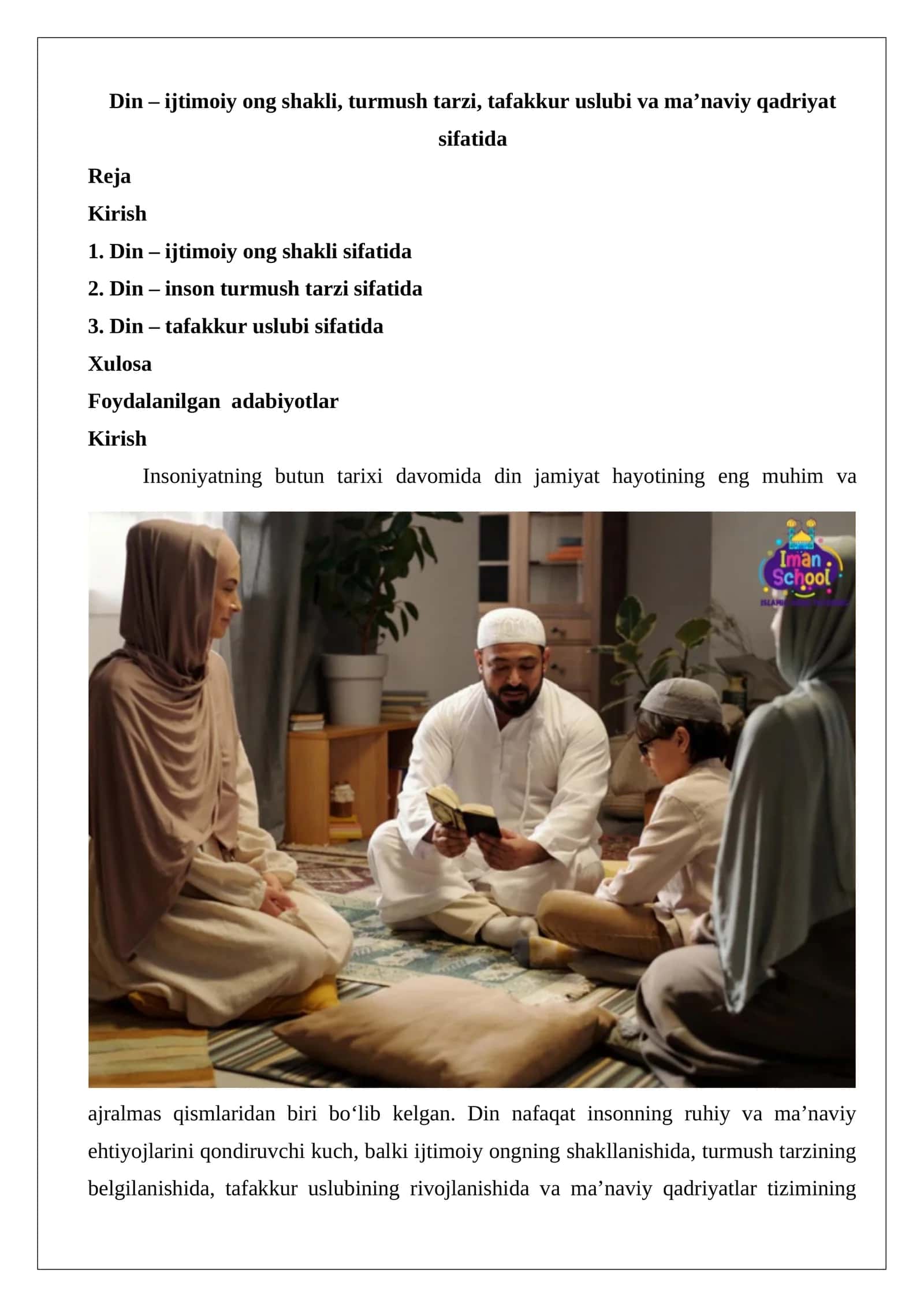 Din – ijtimoiy ong shakli, turmush tarzi, tafakkur uslubi va ma’naviy qadriyat sifatida