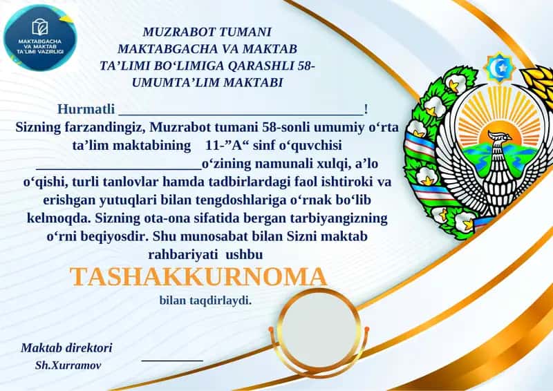Eng a'lochi o'quvchiga Tashakkurnoma
