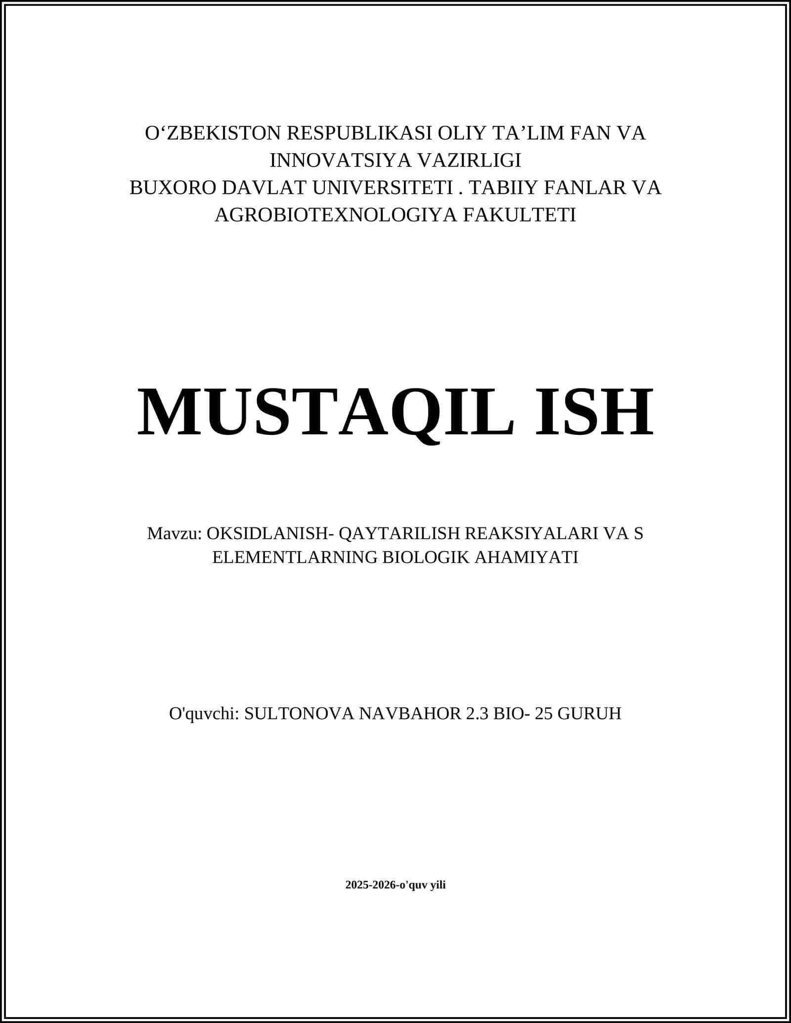 OKSIDLANISH- QAYTARILISH REAKSIYALARI VA S ELEMENTLARNING BIOLOGIK AHAMIYATI
